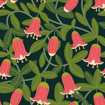 Intricate vector floral seamless pattern. Pink bell flowers, leaves and floral Stock Illustration