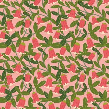 Intricate vector floral seamless pattern. Pink bell flowers, leaves and floral Stock Illustration