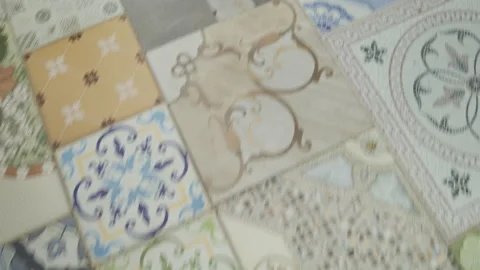Intricate vintage patterned ceramic wall tiles close-up Vídeo Stock 337383410