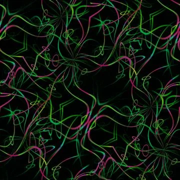Intricate wavy lines and ellipses pattern green and violet on black blu Stock Illustration