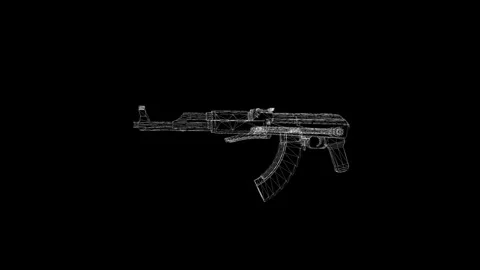 Intricate Wireframe Design of Iconic Assault Rifle on Black Background Stock Footage 341778710