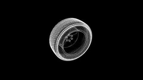 Intricate Wireframe Digital Design of a Tire and Wheel with Black Background Stock Footage 341778687