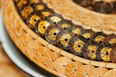 Intricate Woven Basket with Circular Patterns Stock Photos