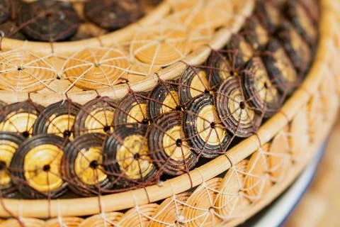 Intricate Woven Baskets with Circular Patterns Stock Photos