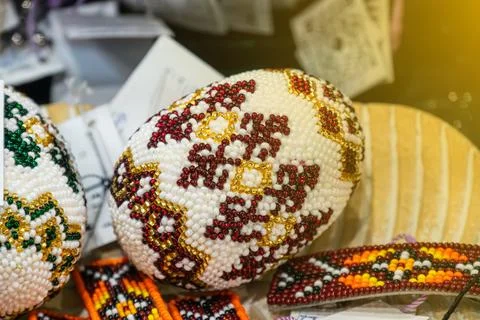 Intricately beaded spherical decorative object, detailed craftsmanship, vib.. Stock Photos