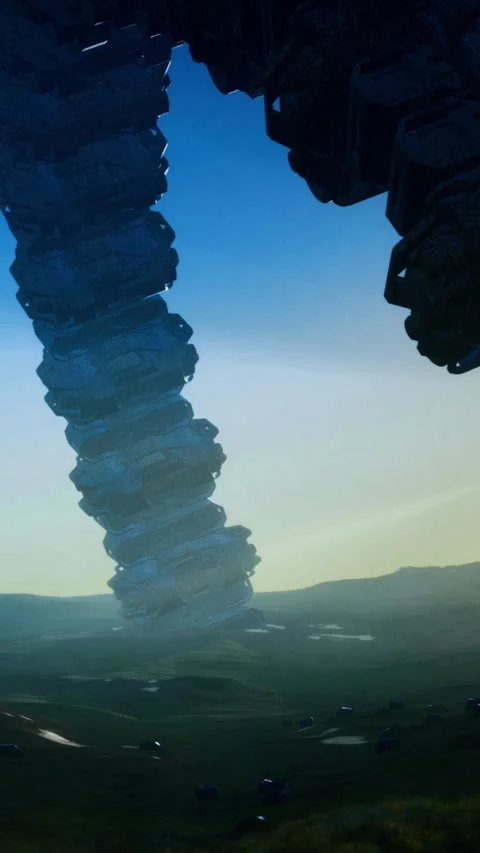 Intriguing alien ship descends over a serene landscape at dusk Stock Footage 329136673