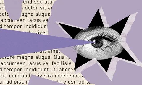 Intriguing collage featuring a surreal eye and geometric elements on a textured Stock Photos