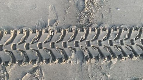 Intriguing tire tracks on soft sand create a mesmerizing pattern Stock Photos