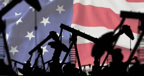 Intro starting pumpjacks rocking, foreground shapes shifting, flag rippling, Stock Footage 328224293