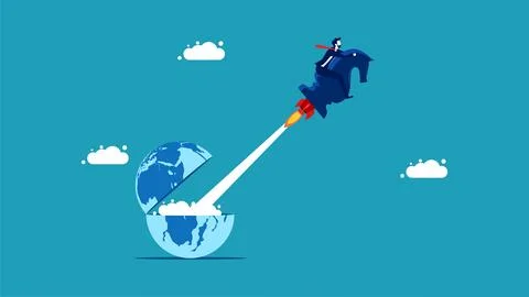 Introduce new strategies. Launch rocket chess horse flying out of the open wo Stock Illustration