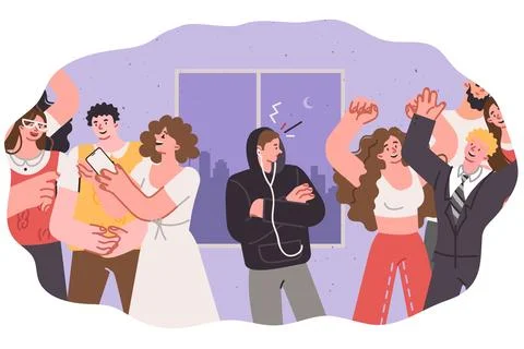 Introvert man stands alone in disco with dancing people and embarrassed to Stock Illustration