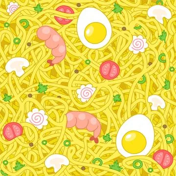 Intsant noodle ramen seamless pattern. Vector hand drawn style illustration Stock Illustration
