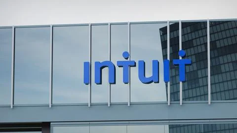 Intuit Stock data presented on the logo of the office facade editorial Stock Photos