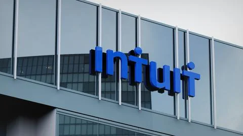 Intuit Stock data presented on the logo of the office facade editorial Stock Photos