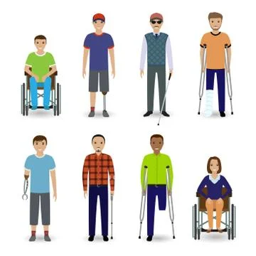 Invalid people concept. Group of eight different kind disability people. Stock Illustration