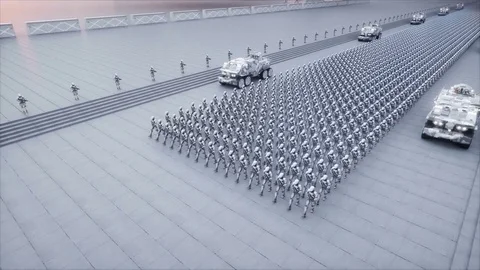 Invasion of military robots. Dramatic apocalypse super realistic concept. Stockbeeldmateriaal 82447251