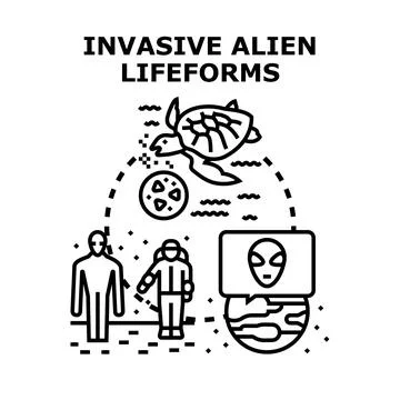 Invasive alien lifeforms concept illustrating various species Ilustración de archivo