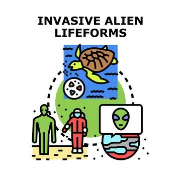 Invasive alien lifeforms concept illustrating various species Ilustración de archivo