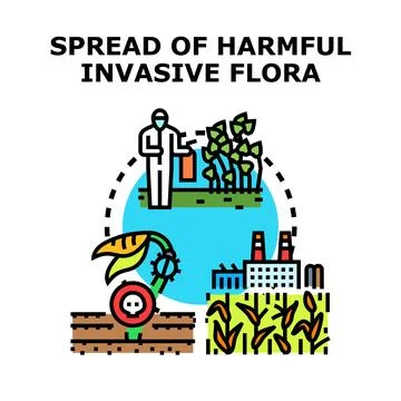 Invasive flora spreading, harmful plants causing ecological problems Stock Illustration