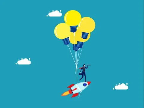 Invent innovation. floating rocket with creative light bulb balloons. vector Stock Illustration