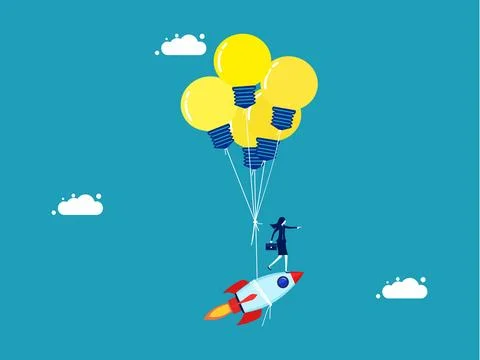 Invent innovation. floating rocket with creative light bulb balloons. vector Stock Illustration