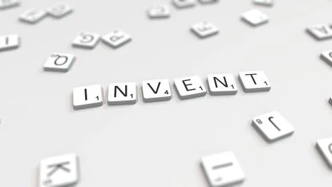 INVENT word being composed with scrabble letters. Editorial 3D rendering Stock Illustration