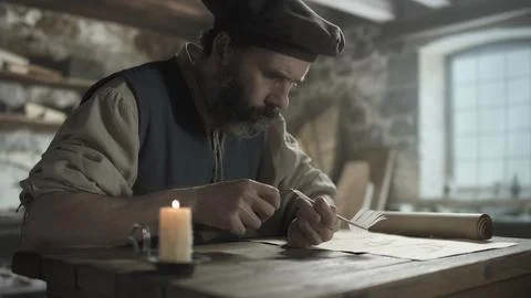 Inventor in beret sharpening quill tip with small knife near burning candle Stock Photos