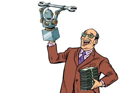 Inventor engineer and robot. isolate on white background Illustrazione stock