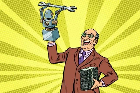 Inventor engineer and robot. New technology progress Stock Illustration