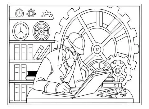 Inventor sketching plans in workshop with gears and blueprints on table. Stock Illustration