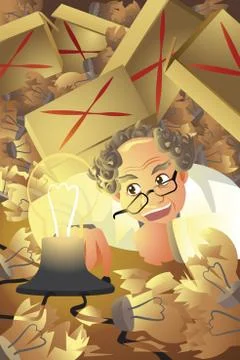 Inventor with stack of broken light bulb Stock Illustration