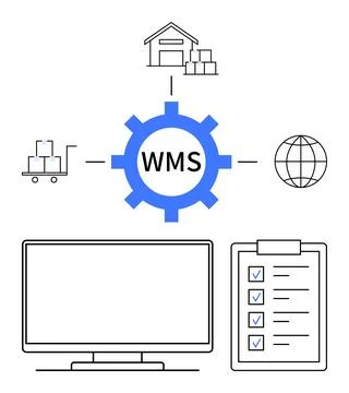 Inventory control, logistics software, warehouse optimization, e-commerce too Illustrazione stock