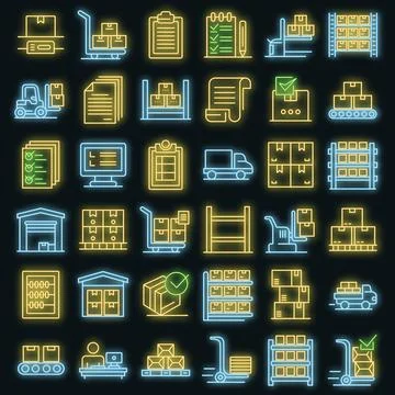 Inventory icons set vector neon Stock Illustration