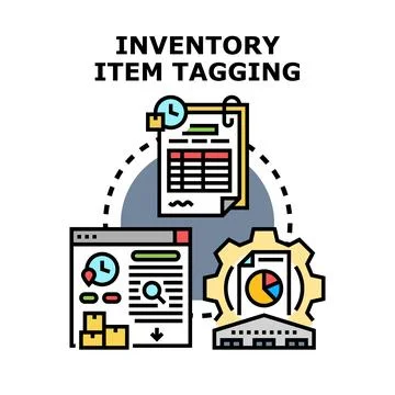 Inventory item tagging process managing warehouse stock Ilustración de archivo