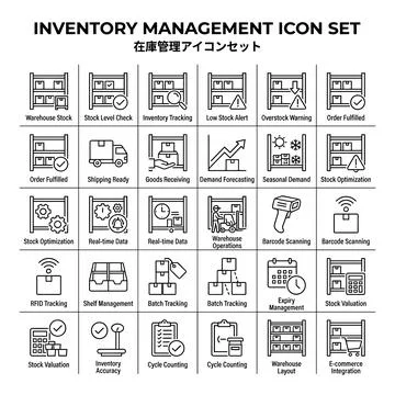 Inventory Management Icon Set for Logistics and Supply Chain Operations, Fe.. Stock Illustration