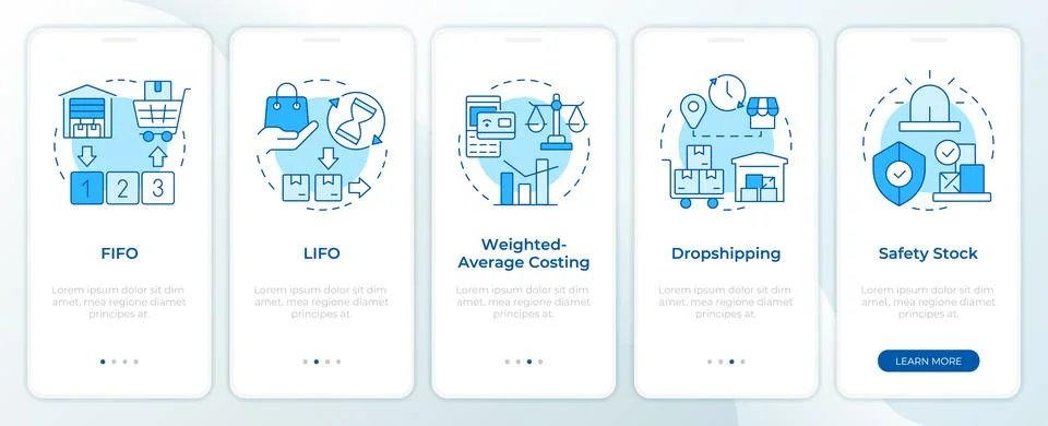 Inventory management methods and techniques blue onboarding mobile app screen Stock Illustration