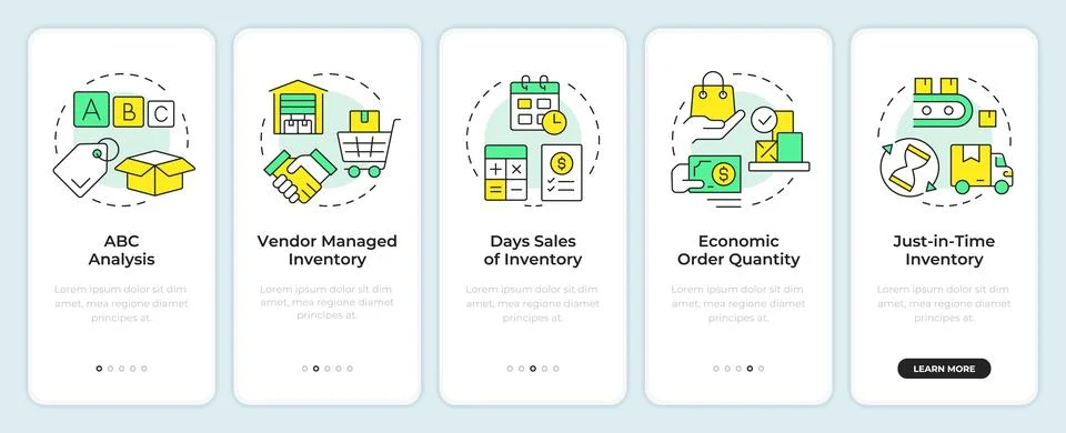 Inventory management methods onboarding mobile app screen Stock Illustration