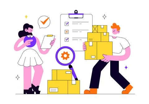 Inventory Management Vector Illustration Featuring Warehouse Workers, Packa.. Illustrazione stock
