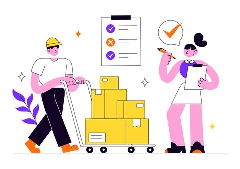 Inventory Management Vector Illustration Featuring Warehouse Workers, Packa.. Illustrazione stock