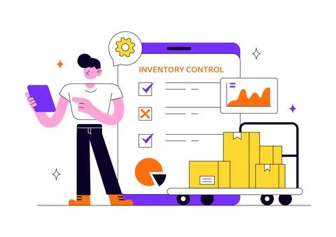 Inventory Management Vector Illustration Featuring Warehouse Workers, Packa.. Illustrazione stock