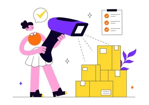 Inventory Management Vector Illustration Featuring Warehouse Workers, Packa.. Illustrazione stock