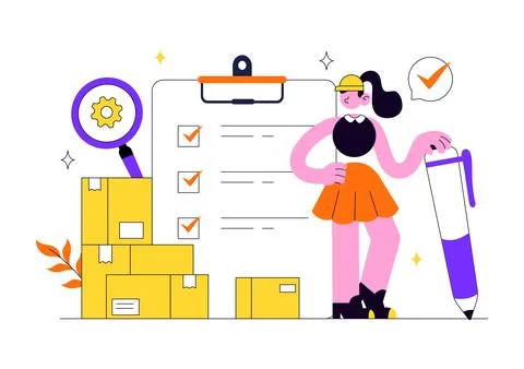Inventory Management Vector Illustration Featuring Warehouse Workers, Packa.. Illustrazione stock