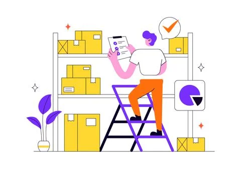 Inventory Management Vector Illustration Featuring Warehouse Workers, Packa.. Illustrazione stock