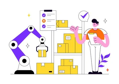 Inventory Management Vector Illustration Featuring Warehouse Workers, Packa.. Illustrazione stock