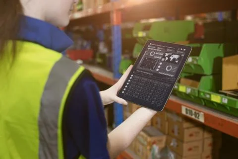 Inventory manager worker using warehouse management system on tablet comput.. Stock Photos