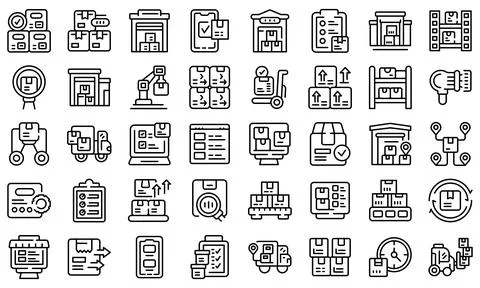 Inventory optimization icons set outline vector. Location management Stock Illustration