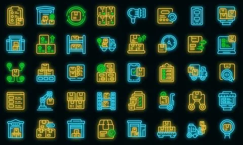 Inventory optimization icons set outline vector. Location management vector neon Stock Illustration