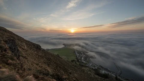 Inversion clouds over Alnes Stock Footage 87805185