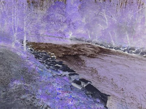 Inverted colors - Shallow rapids on a large river in the forest during spring. Stock Photos