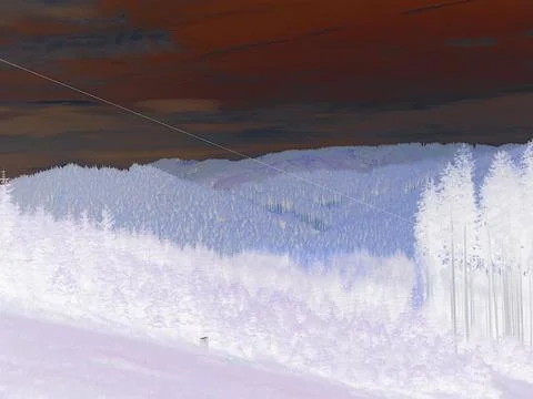 Inverted image - Distant landscape covered in evening sunlight. Panoramic Stock Photos